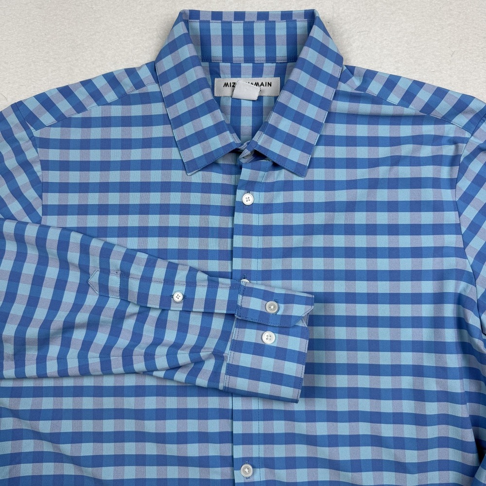 Mizzen+Main Shirt Mens Large Blue Gingham Trim Fit Performance Stretch Dress